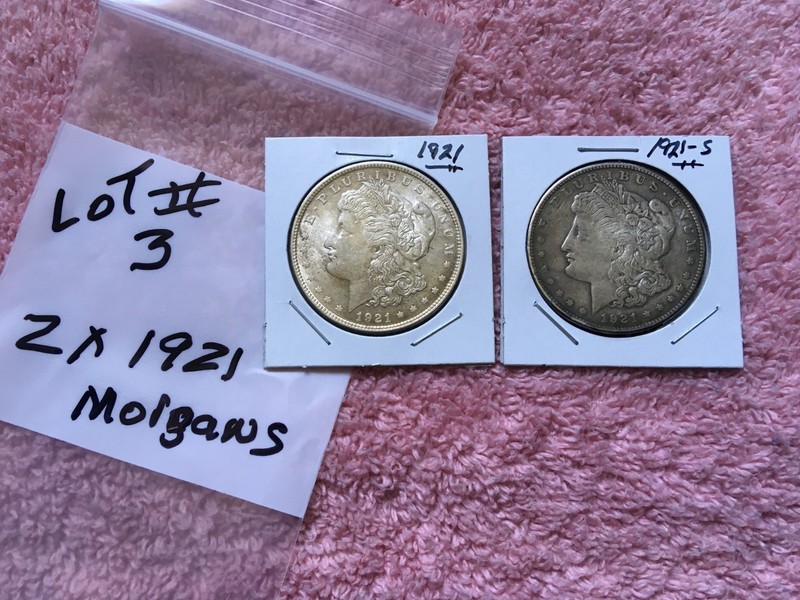 LOT OF 2 x 1921 - S + P  VERY NICE  MORGAN  90 %  SILVER DOLLAR COINS.  LOT # 3