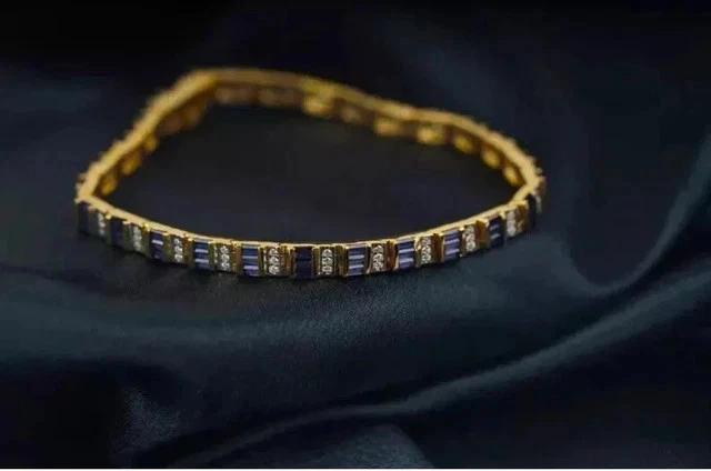 Baguette Cut Lab Created Sapphire Diam Womens Bracelet 14k Yell Gold Plated 7.5" - Image 2 of 4
