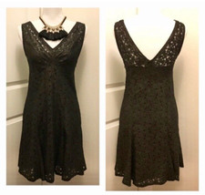Anna Sui Floral Lace V-Neck Party Dress in Black with Subtle Gold Metallic Sheen