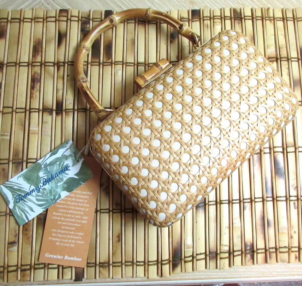 TOMMY BAHAMA NATURAL BAMBOO TROPICAL WOVEN CLUTCH w CHAINLINK