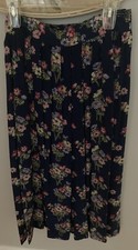 Herman Geist Vintage 80s Navy Blue Floral Pleated Midi Skirt size 8