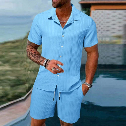 Conjunto de 2 trajes informales de manga corta y pantalones cortos de verano para hombre❤ - Imagen 7 de 23