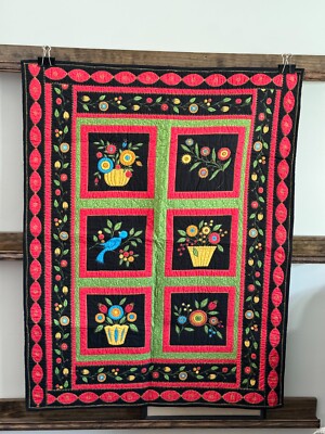 Handmade Pieced and Quilted Patchwork Quilt 44'' x 34'' Art Wall Baby Flowers