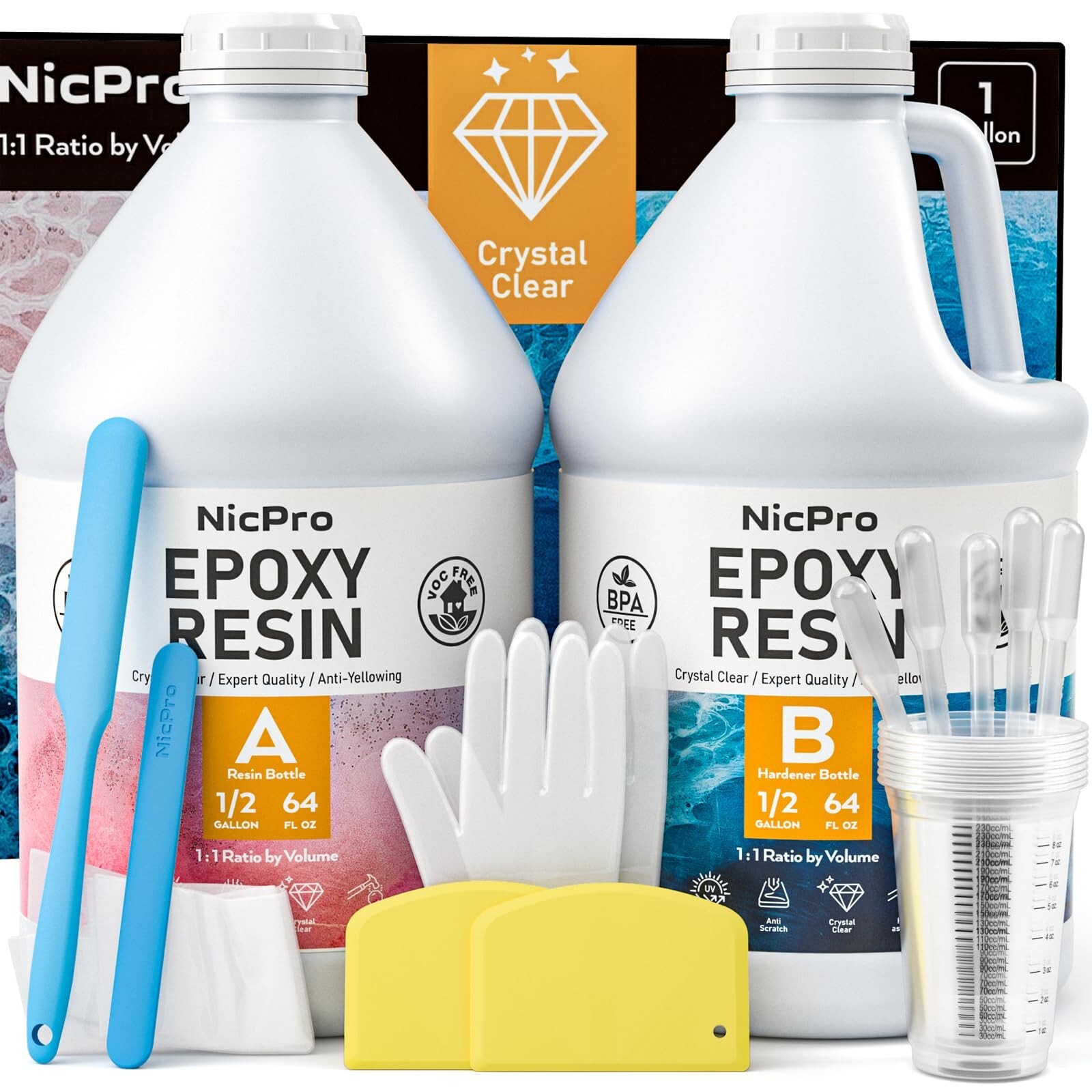 Nicpro 1 Gallon Crystal Clear High Gloss Bubble-Free Epoxy Resin Kit