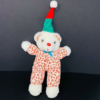 Vintage White Teddy Bear Plush Candy Canes Red Green Hat 11'' Stuffed Animal