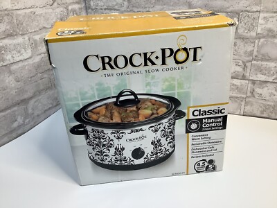 Crock Pot 4.5 Quart Manual Slow Cooker Damask Pattern Black & White SCR450-PT