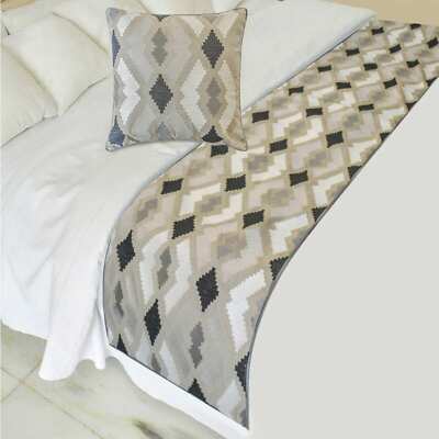 Decorative King Bed Runner Beige Linen Embroidery,Aztec - Thread Tale
