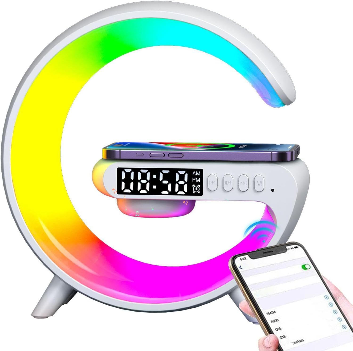 Réveil lumineux anti-panne de batterie avec chargeur induction et enceinte Bluetooth