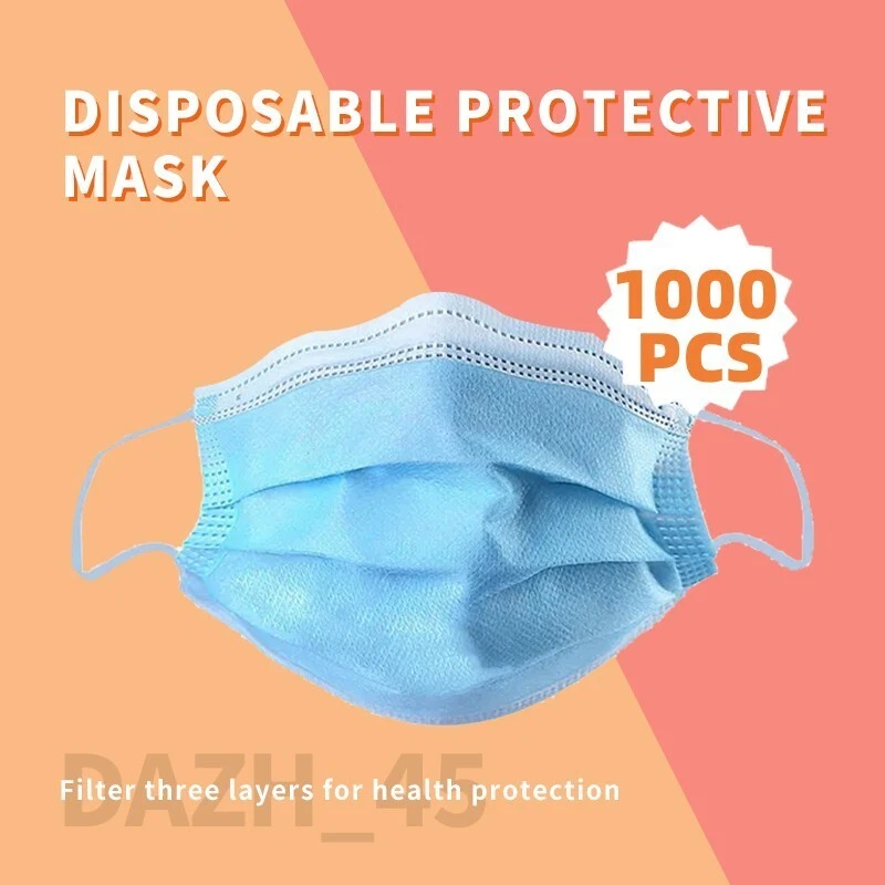 1000Pcs Disposable Face Mask Blue 3Ply Earloop Breathable Mouth Cover For Adults