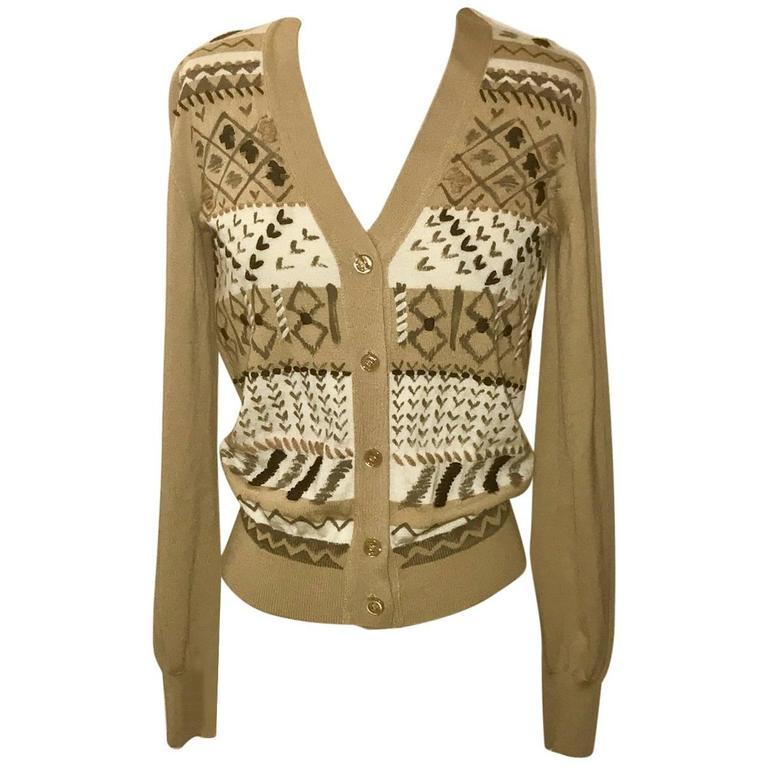 Maglione Cardigan Yves Saint Laurent Cashmere Cammello Stampa Vernice Geometrica Nuovo con etichette S