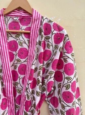 Indian Pink Kitty Floral Striped Kimono Cotton Bridal Bath Robe Maxi Night Gown