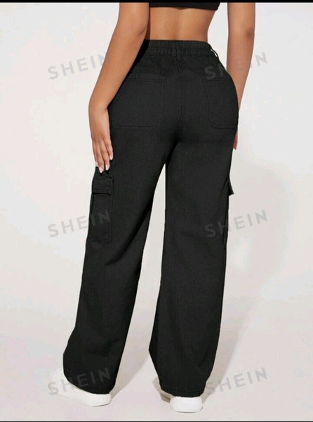 SHEIN PETITE Jeans cargo de talle alto con bolsillo con solapa