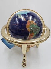 14" Tall Blue Lapis Ocean Gemstone Globe & Tripod Gold Stand & Compass