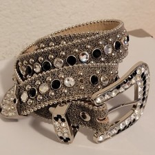 Vintage Leather Crystal Belt B. B. Simon, Hand Tooled, Silver, Fully Loaded, USA