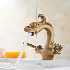 2 Lever Antique Brass Dragon-shaped Bathroom Basin Sink Mixer Faucet 1 Hole Taps