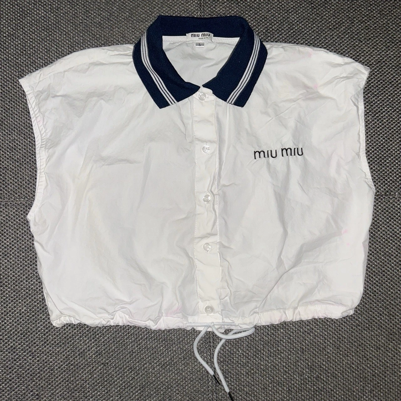 Miu Miu — Miu Miu Women's White Navy Blue Cropped Button Collar Shirt Large Italy Made L
