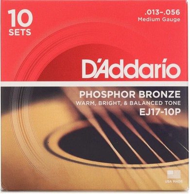 D'Addario EJ17 Phosphor Bronze Medium Acoustic Strings 10-Pack