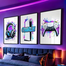 Personalised Gaming Prints Black Bedroom Playstation Wall Art Poster Set of 3