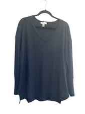 Vintage America Womens Large Waffle Knit Tunic Navy Blue Shirt Thermal #5873