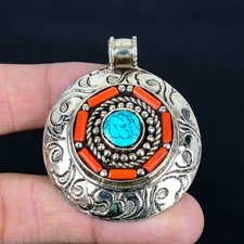 Turquoise Red Coral 925 Sterling Silver Boho Handmade Nepali Pendant 2.1" PG 269