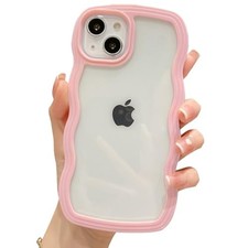 Cute Clear Curly Wave Frame Case for iPhone 16 Plus - Pink Wavy Shockproof Cover