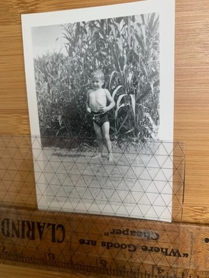 Photo Small boy Flexing muscles outside standing by cornfield wearing swim trunk