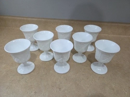 Vintage Set of 8 Indiana Glass Colony Harvest Grape Milk Glass 8 oz. Goblets
