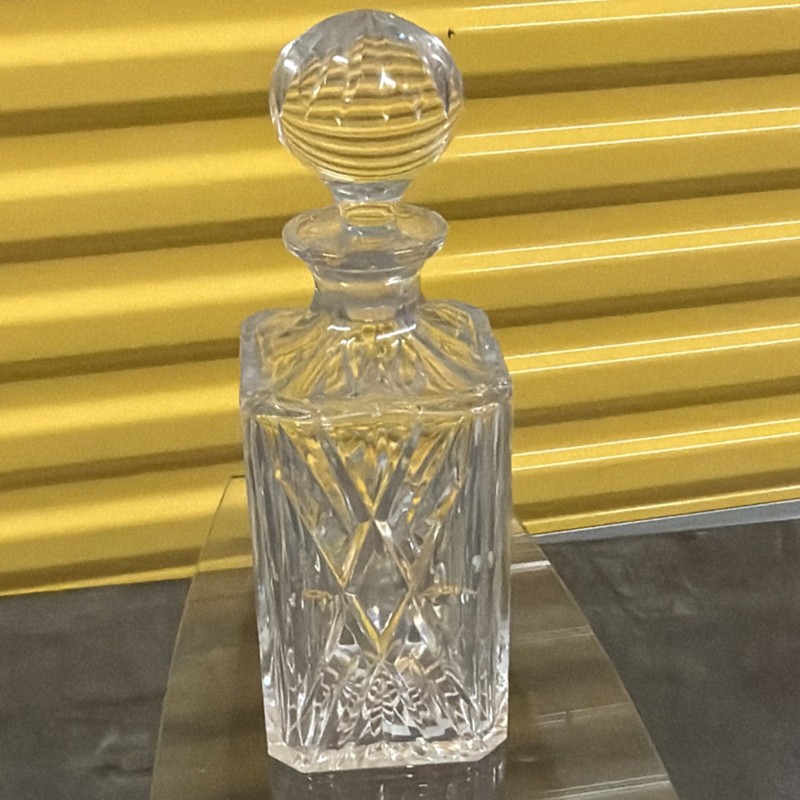 Clear Glass Square Decanter with Stopper, Geometric Cut, Decorative