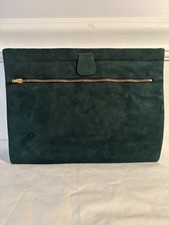 Vintage Dark Green Suede Clutch Purse Squeeze Open Hinged W/Yellow Vinyl Inside