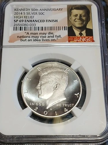 2014-S Kennedy Silver Half Dollar High Relief Enhanced Finish NGC SP69 50th Anni