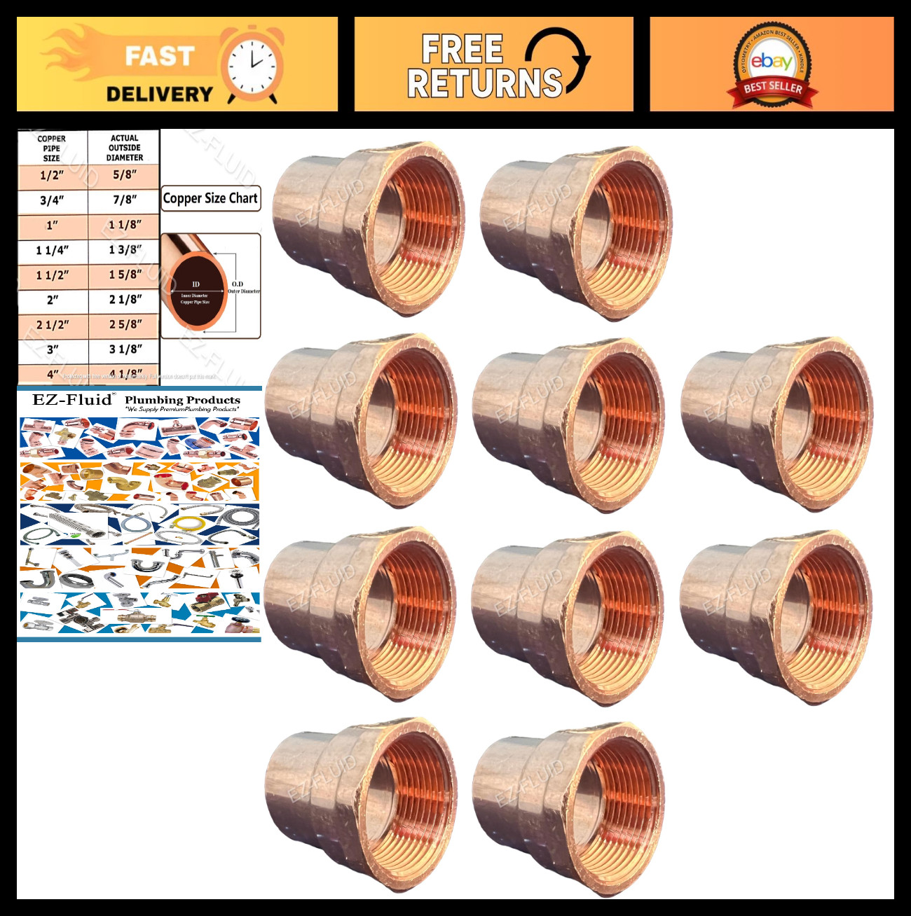 10 Pack 1/2" Copper Female Adapter Fittings, Sweat Solder Connection, Plumbing