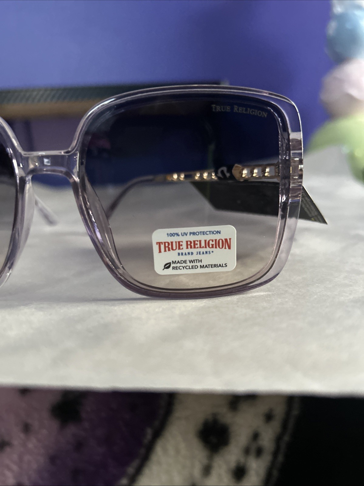 True Religion Pink Clear Frame Women’s Sunglasses With Gold Sided 100% Recycled thumbnail 2