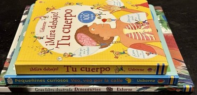 Usborne Spanish Book Lot 3 ¡Mira debajo! Tu Cuerpo + Veo Veo + Dinosaurios