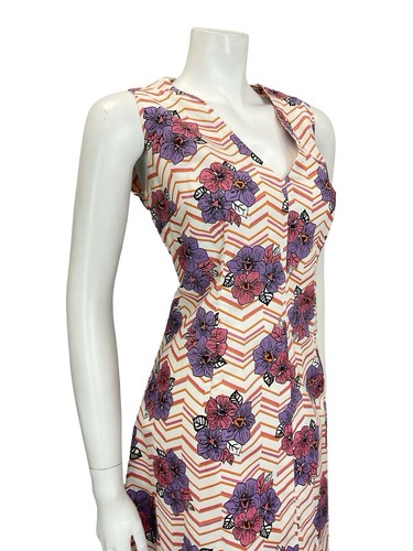 VTG 60S 70S WHITE PINK PURPLE ORANGE CHEVRON FLORAL PLUNGING V NECK DRESS 16 - Picture 7 of 10