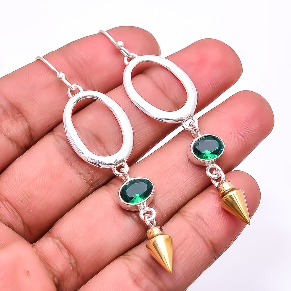 Emerald (Simulated) 925 Sterling Silver Two Tone Arrow Head Earring 2.73