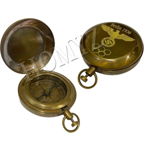 Boussole plate antique anniversaire bouton-poussoir faite à la main boussole plate en laiton de travail - Photo 1/7