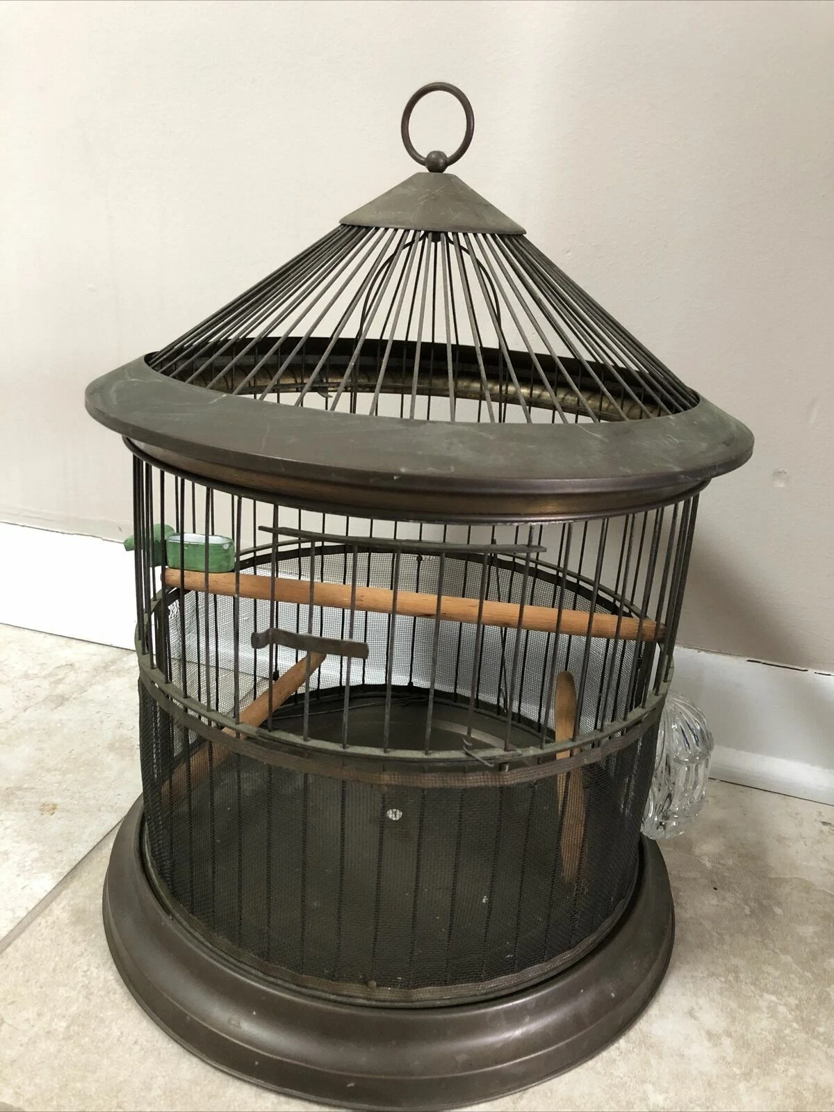 Vintage Metal Bird Cage W Wood Perches Swing Water