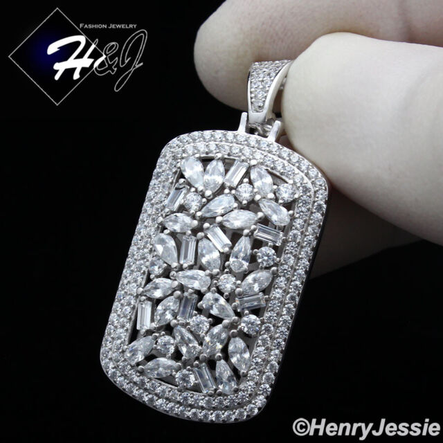 REAL925 STERLING SILVER ICY BLING CUBIC ZIRCONIA SILVER DOG TAG PENDANT*SP251