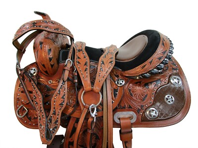 BARREL RACING SADDLE WESTERN COWBOY SHOW FLORAL TOOLED LEATHER TACK SET 15 16 17