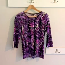 Elementz Med Women Purple Top Multi Ruffle Layer Bling Stretchy Sheer Dark Fairy