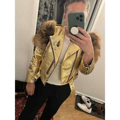 Marc Jacobs Fox Fur Leather Jacket Gold Sequin Lips Lil Kim Medium