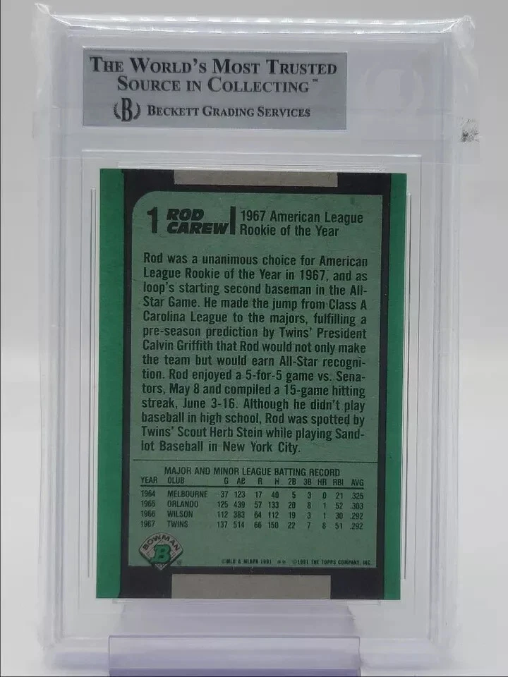 Rod Carew 1991 Bowman béisbol auténtico autógrafo gemelos automático BGS Q2545 Foto 2 de 2