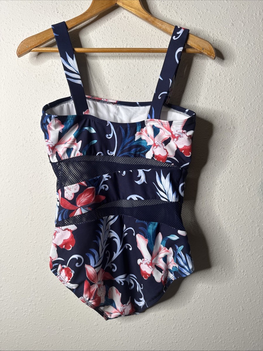 Carmen Marc Valvo Swimsuit Womens 12 Blue Floral Mesh Cutout One Piece Resort View 4