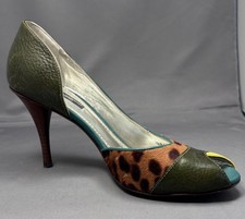 Dolce & Gabbana Womens 37.5 Vera Cuoio Animal Print Chartruse Teal Open Toe Shoe