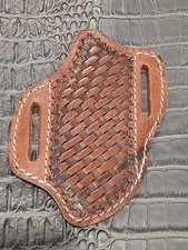 Brown Open Top Belt Loop Basketweave 45° Pancake Fix Blade Knife Leather Sheath