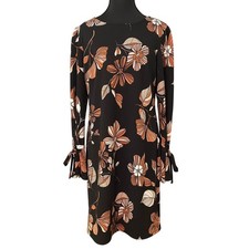 Nine West Floral Shift Dress Size 8 Bell Sleeve Tie Cuff Retro Mod 70s Boho Chic