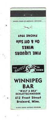 Winnipeg Bar - Brainerd, Minn.   Matchcover     Walt & Bea Schattschneider