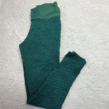 Green High Rise Textured Ankle Leggings Women's L 26" Inseam Ruched Accent