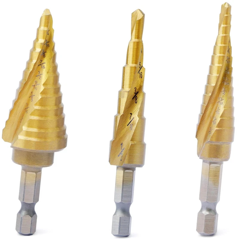 3-piece metal step bit set covering 3/16 to 7/8 inch