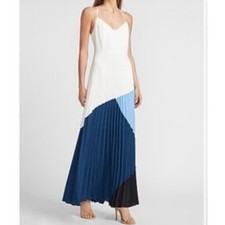 Express Colorblock Pleated Maxi Dress White Blue Ombre Evening Gown Sz XS
